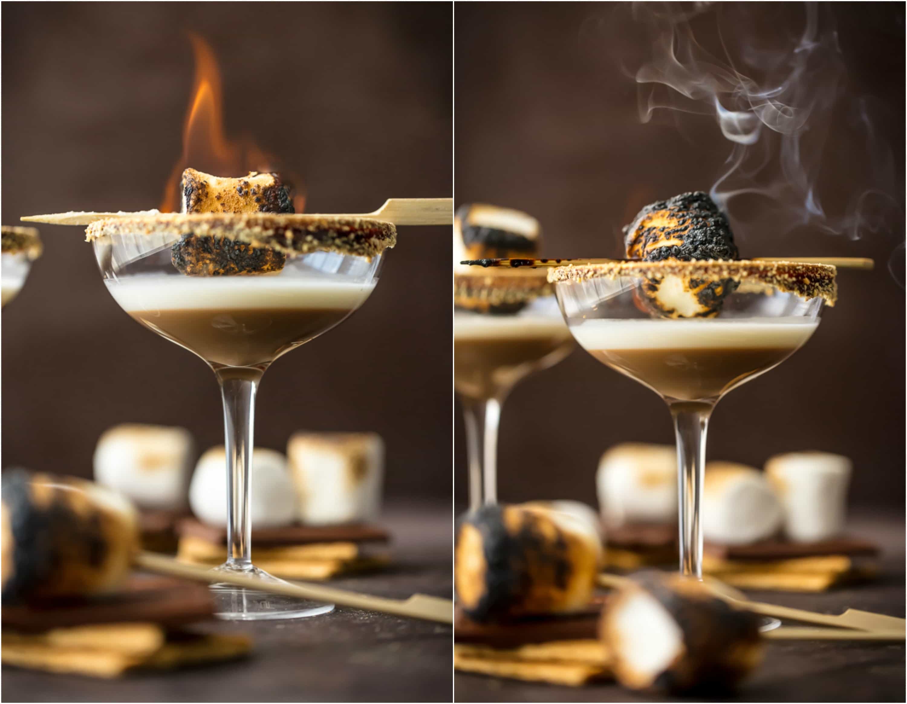 Este S'MORE MARTINI ROAST é tão delicioso quanto bonito. Em camadas com creme, vodka de marshmallow e licor de chocolate, tudo o que você precisa é de uma borda de cracker! Muito divertido e festivo para o outono. Fotografia de coquetel Fotografia de livro de receitas