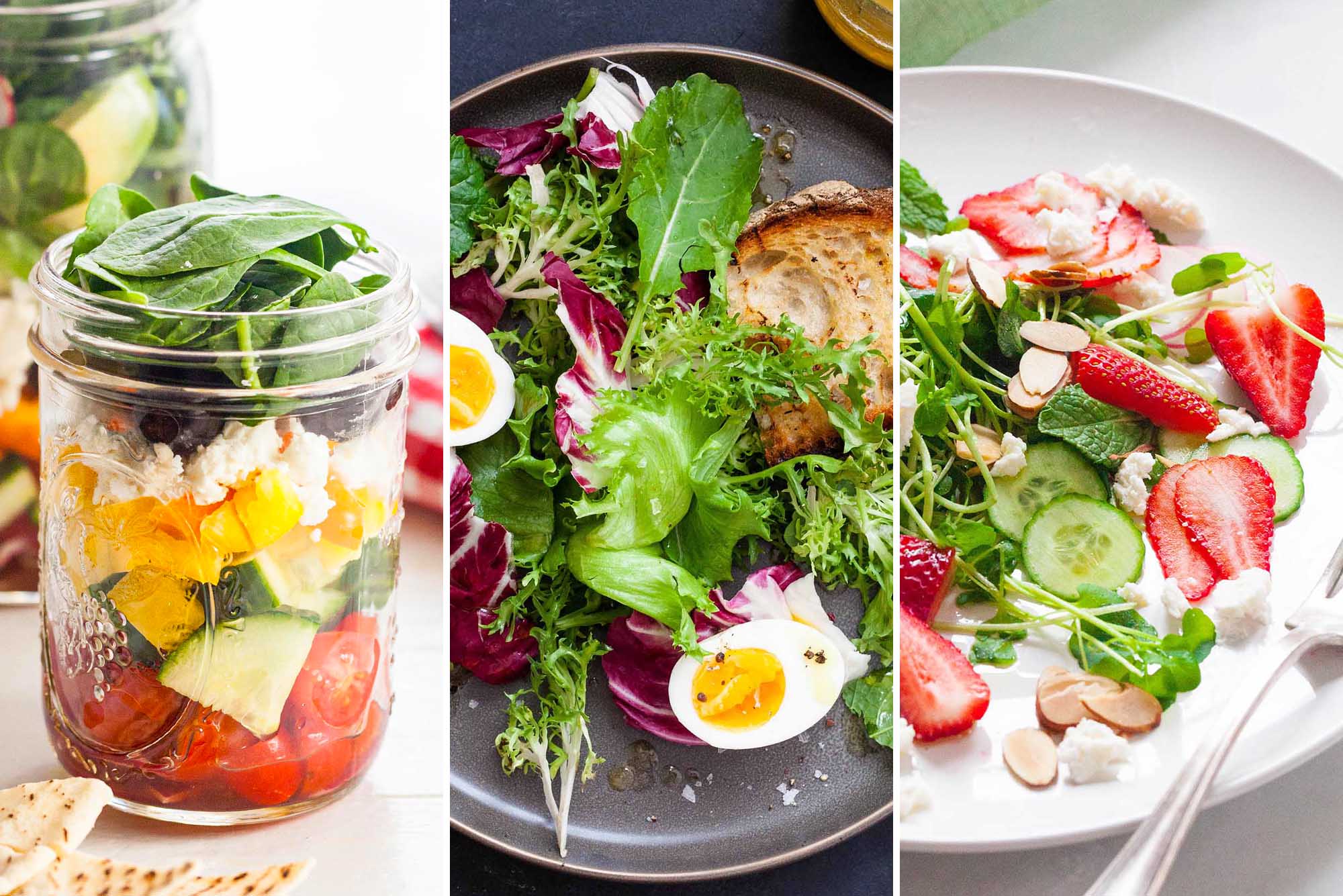 Salad in jar, mixed salad with eggs, strawberry spinach salad