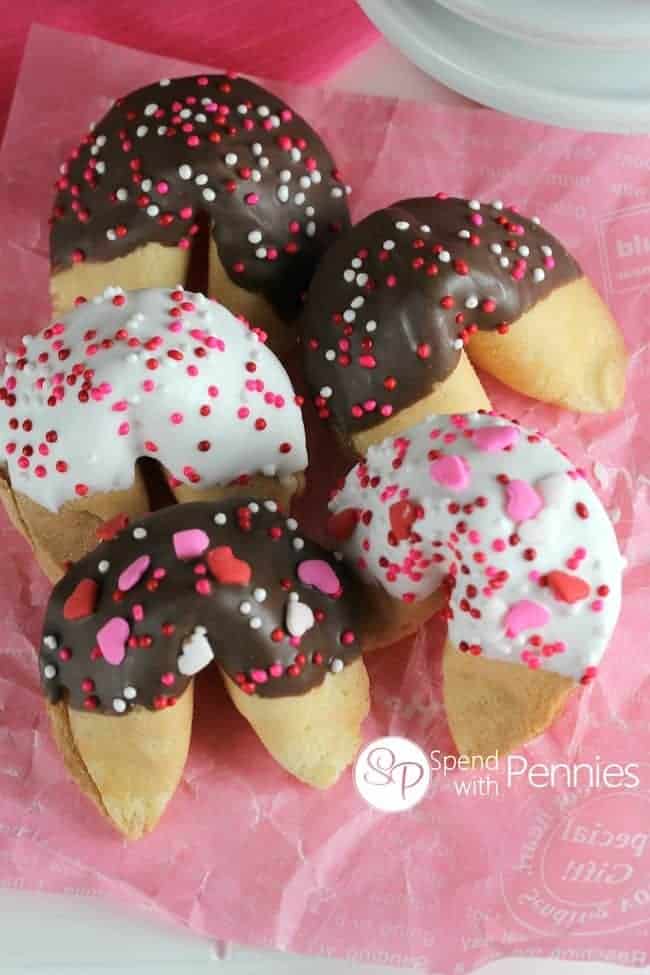 close up of Chocolate Dipped Fortune Cookies with white and milk chocolate