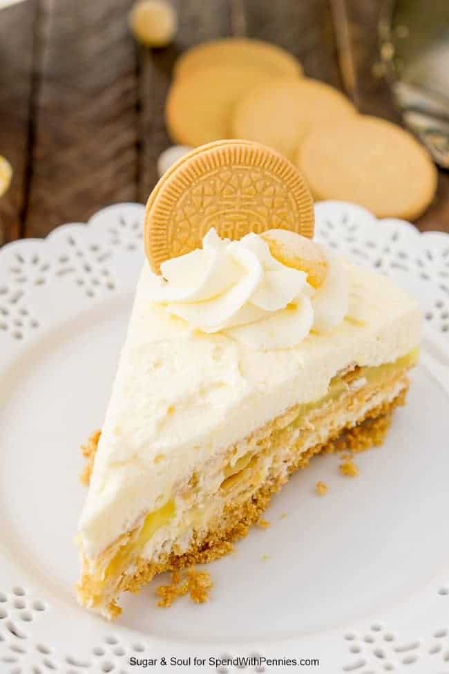 Slice of Lemon Icebox Cake on a decorative white plate