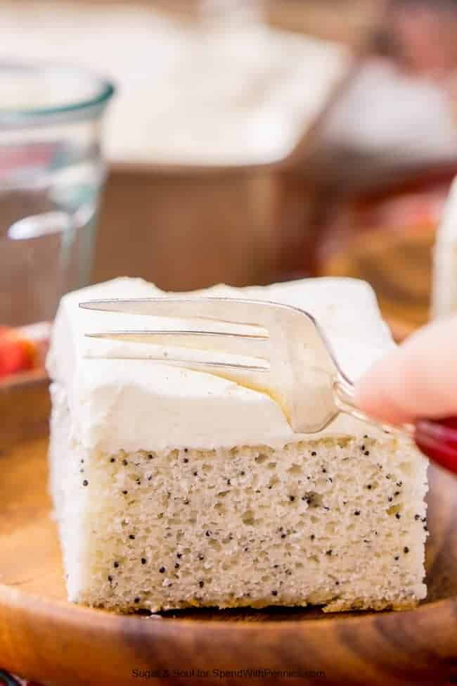 Almond Poppyseed Sheet Cake with a fork
