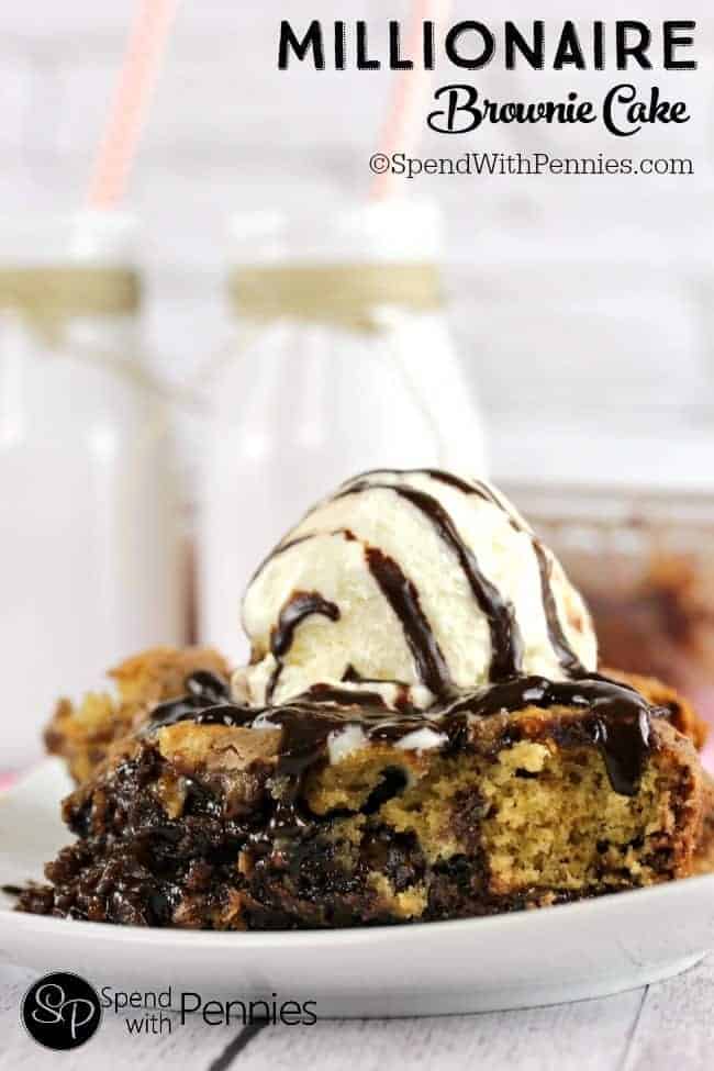 close up of Millionaire Brownie Cake with ice cream on a white dish