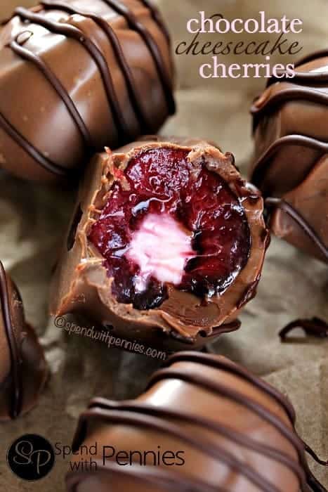 chocolate covered cherries with cheesecake filling close up