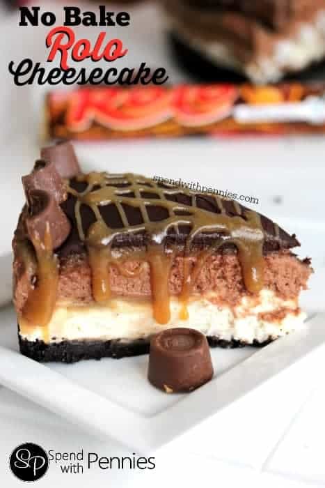 a slice of No Bake Rolo Cheesecake with caramel on it and a roll beside it