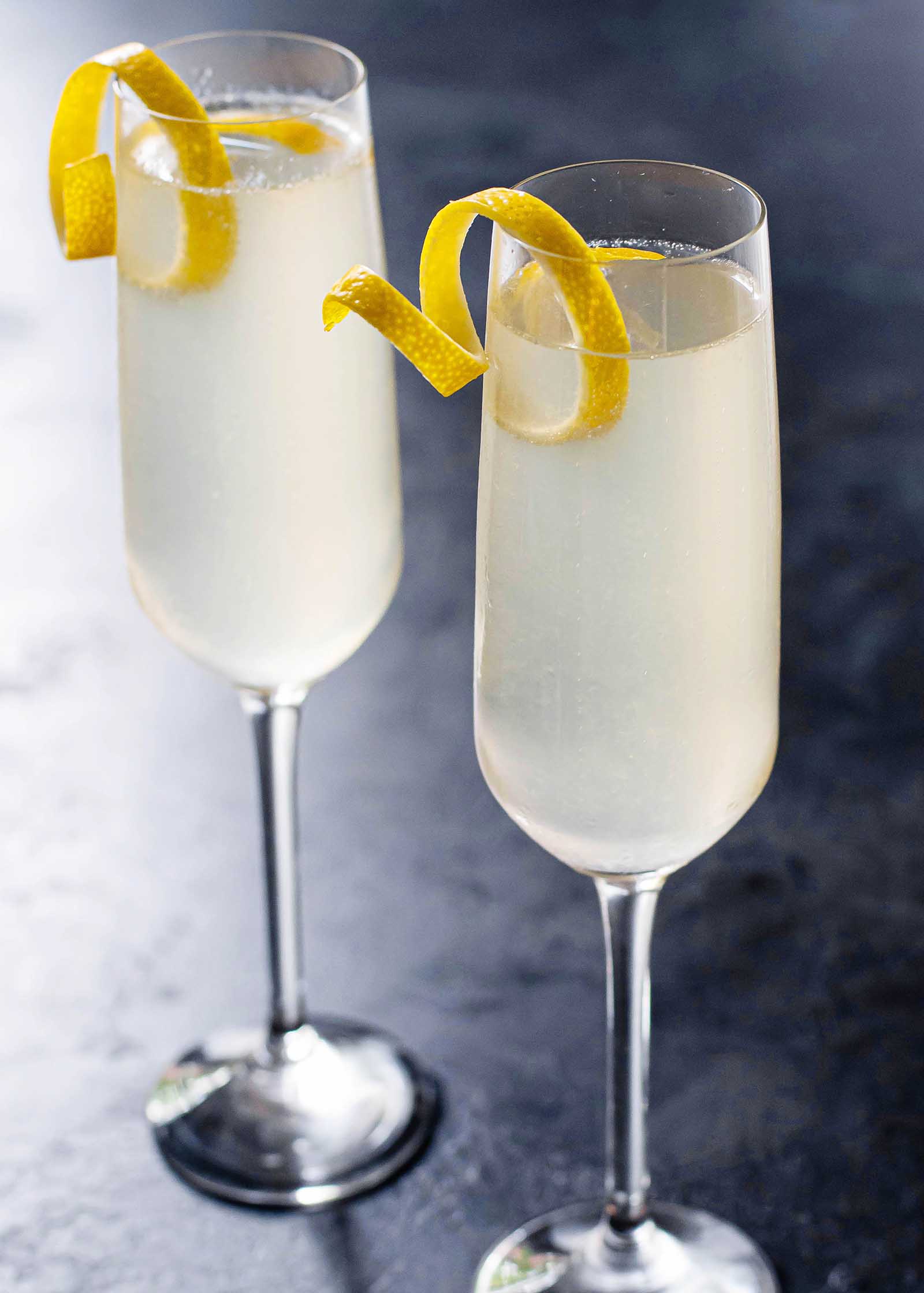 Champagne flute with French 75 brunch cocktail