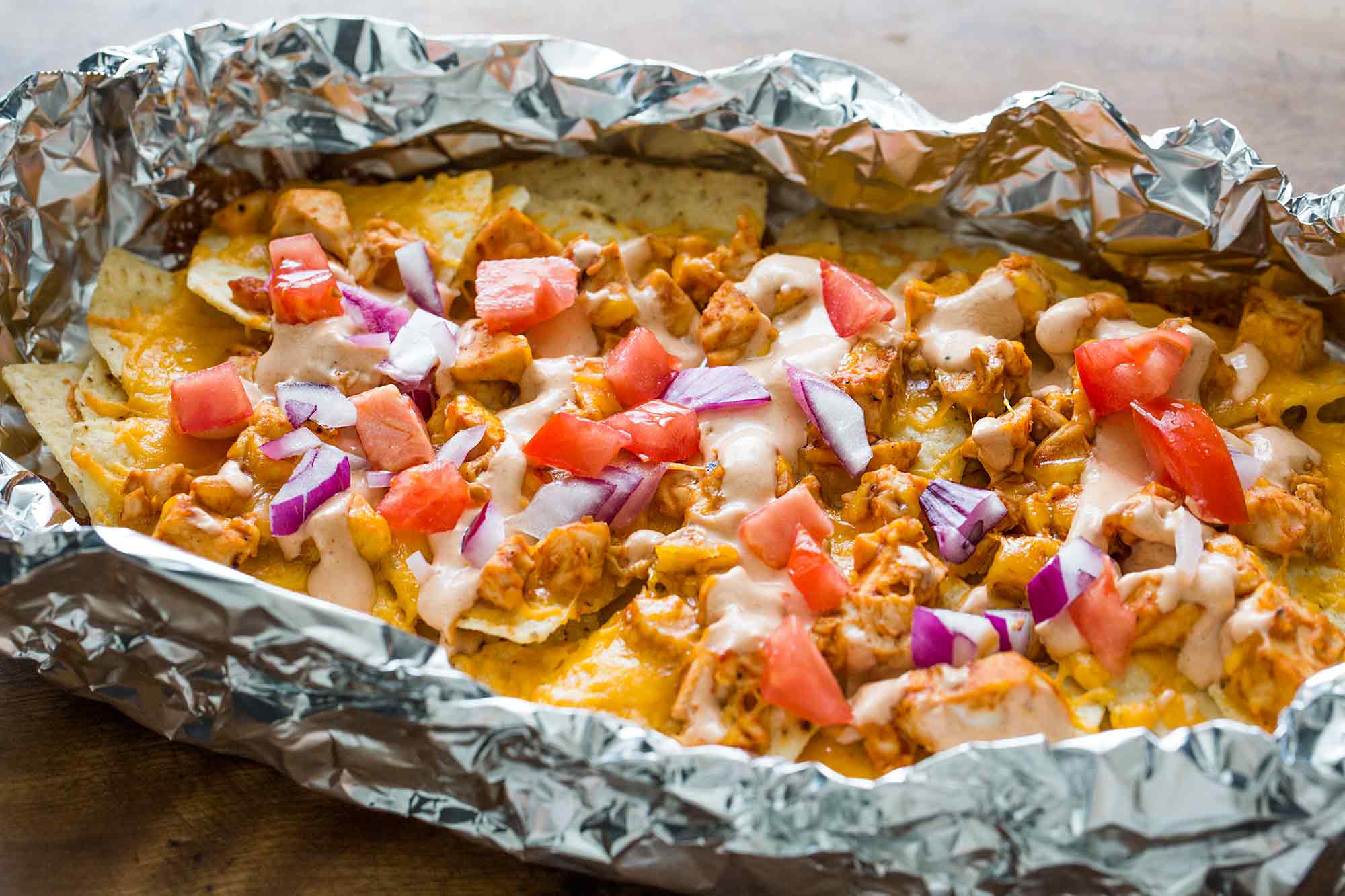 Grilled Chicken Nachos in Foil with Sour Cream BBQ Sauce