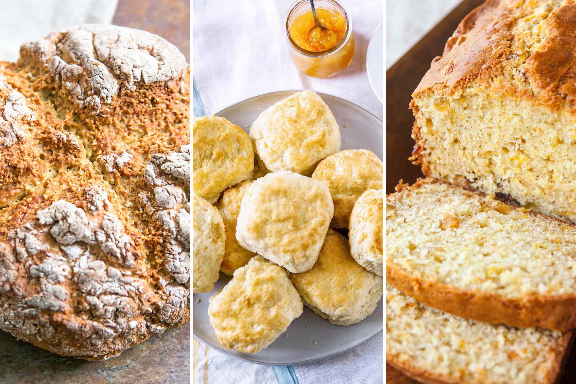 Three images side by side of baked bread that does not require yeast. The image on the left is an oatmeal soda bread. The image in the middle is a plate of buttermilk biscuits. The last image is a loaf of orange quickbread with a few slices laying in front of the loaf.