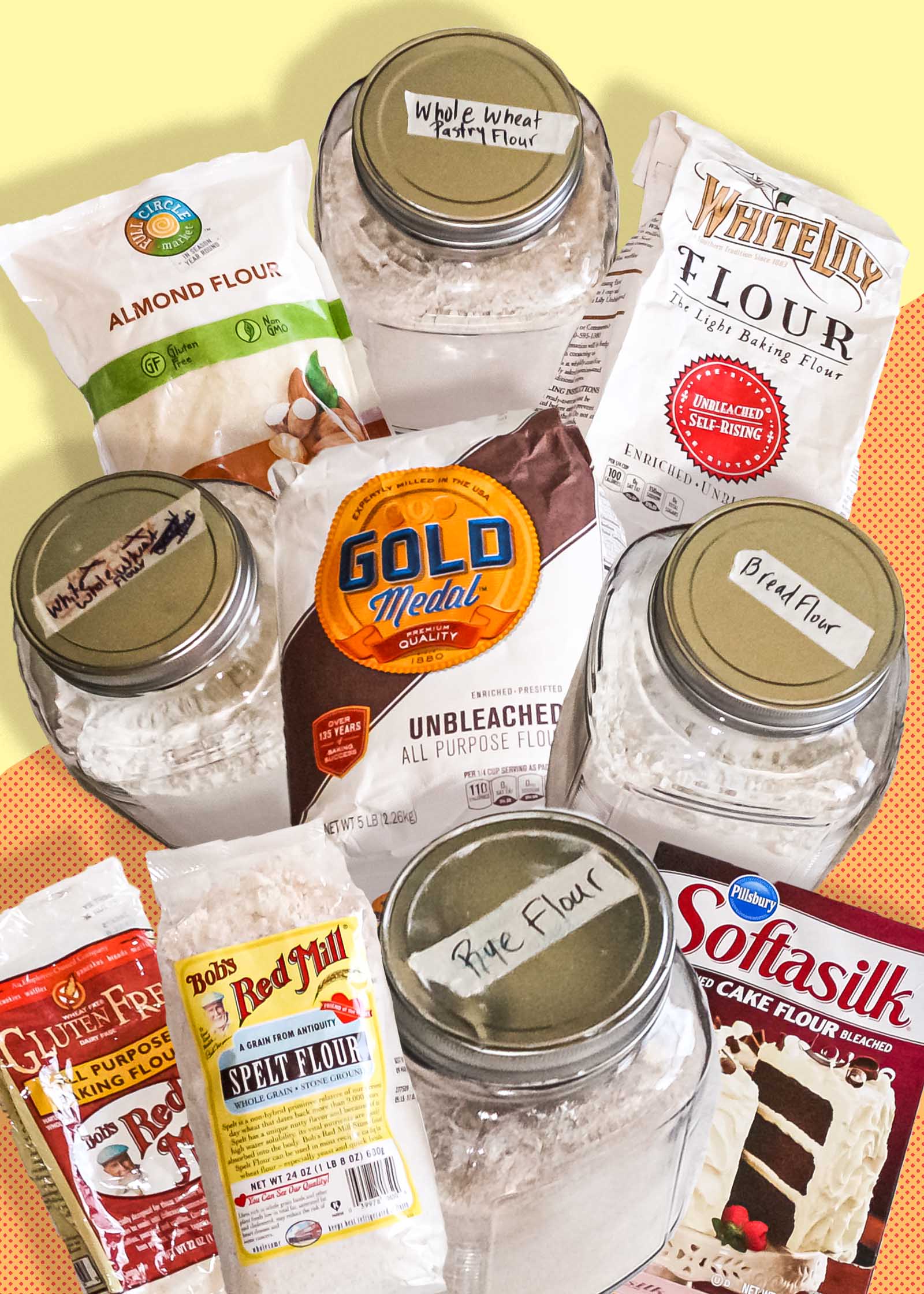 Different types of flour set close together on a yellow and orange background for ways to swap flour in recipes.