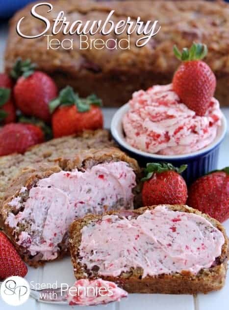 whipped strawberry butter in a dish with a strawberry garnish and strawberry butter on strawberry tea bread