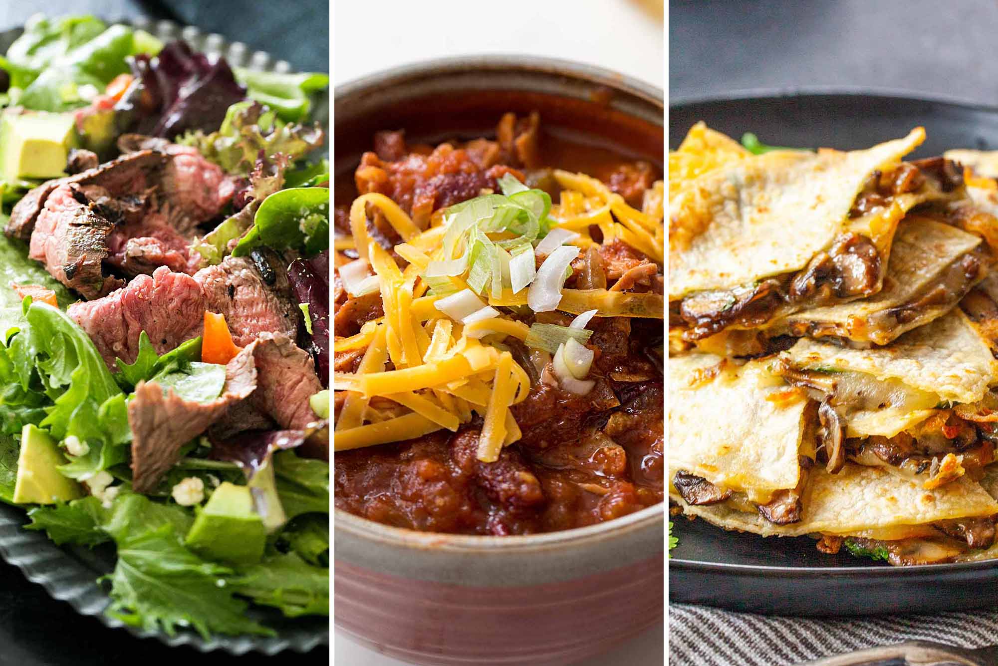 Three photos: Steak salad, chili and quesadillas