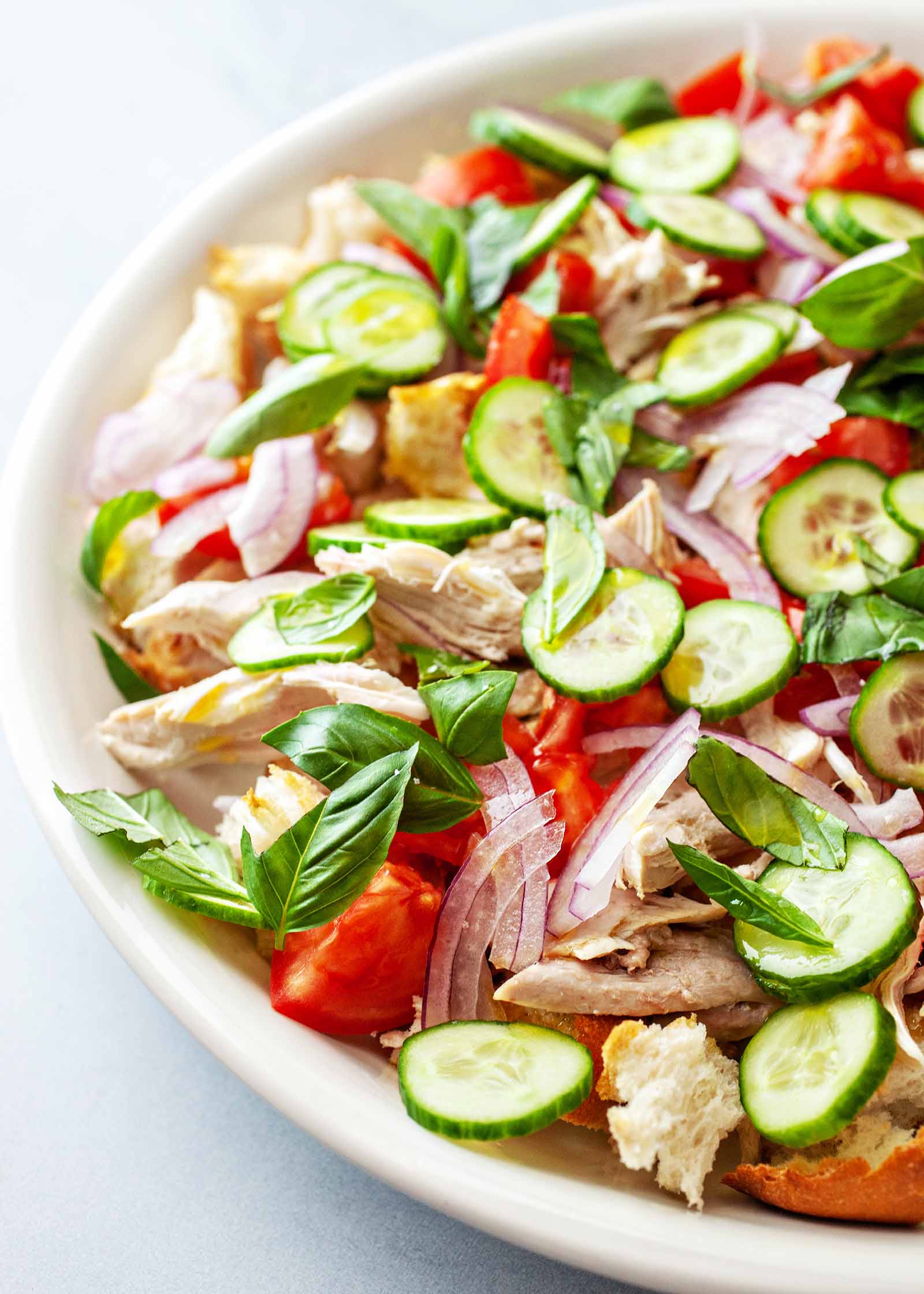Chicken Panzanella Salad - red green bowl of panzanella