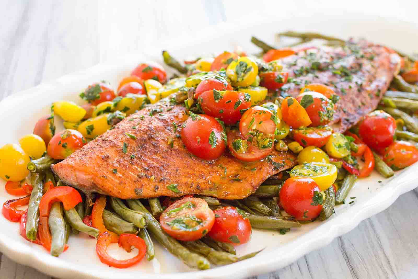 One-Pan Roasted Harissa Salmon with Vegetables