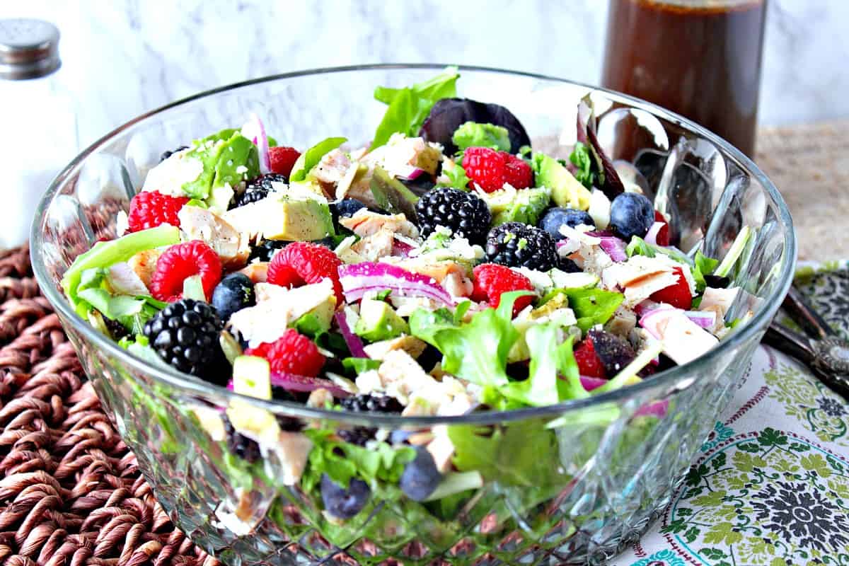 Berry Delicious Chicken Avocado Salad with Strawberry Balsamic Vinaigrette. - kudoskitchenby.com