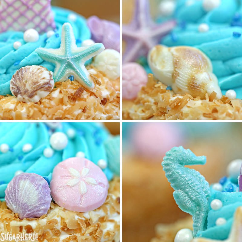 Primer plano de detalles de concha de chocolate en Mermaid Cupcakes | De SugarHero.com