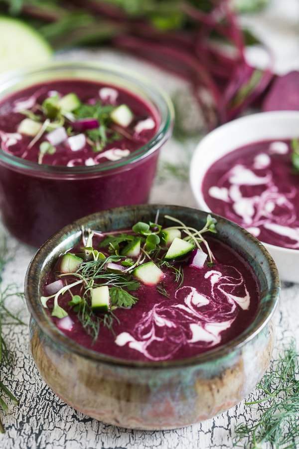 This summery beet gazpacho is packed full of vegetables and topped with fresh herbs, fresh chopped vegetables and a drizzle of Greek yogurt. You