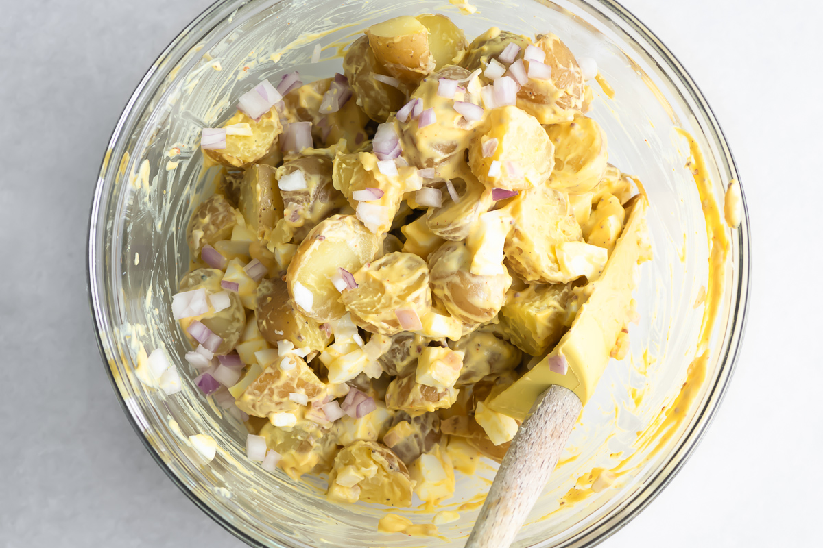 deviled egg potato salad in a bowl