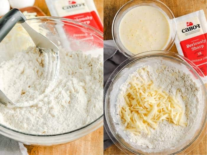 proceso de tamizar la harina y agregar queso para hacer bollos de queso