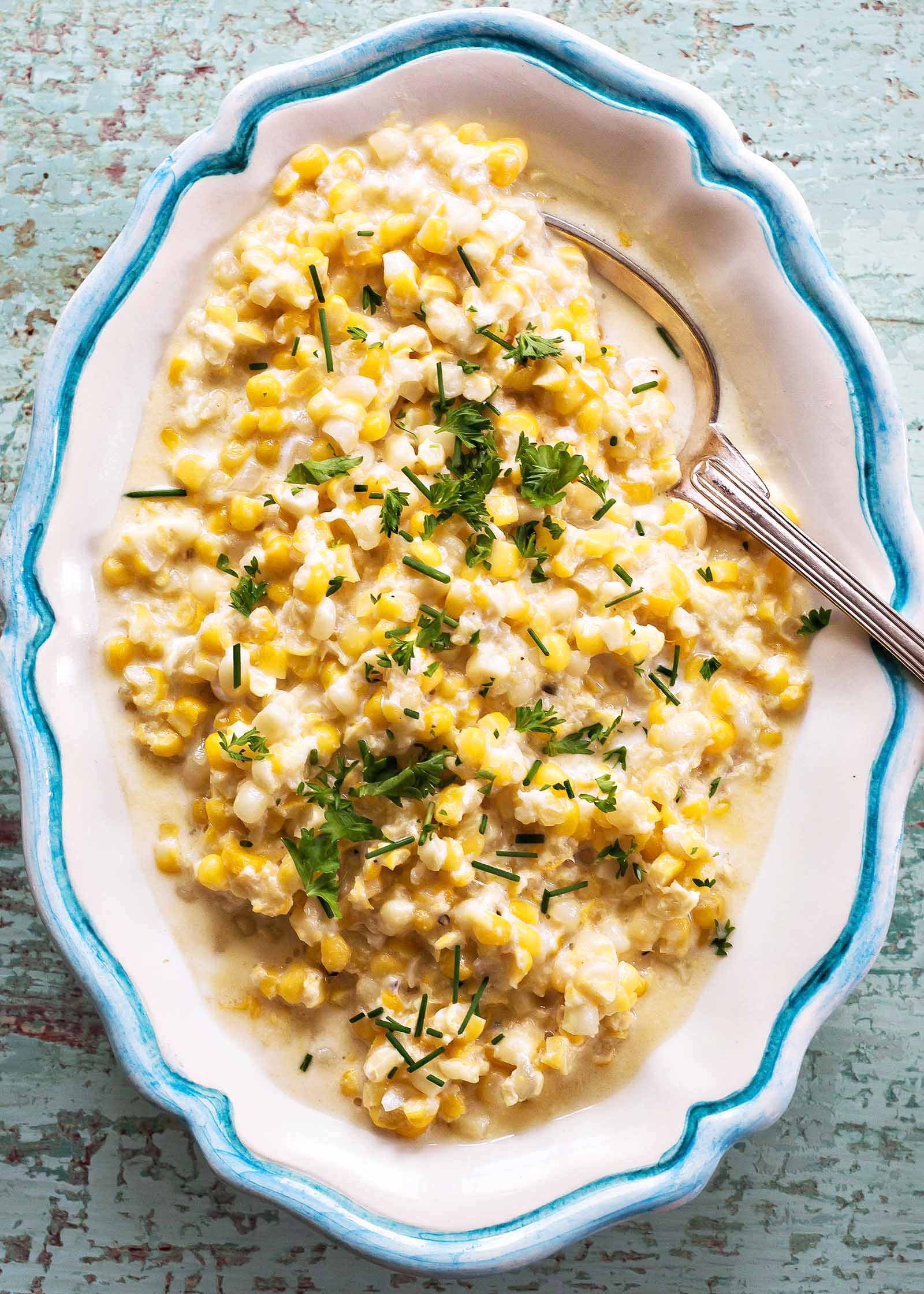 Homemade cream corn served in a serving platter.