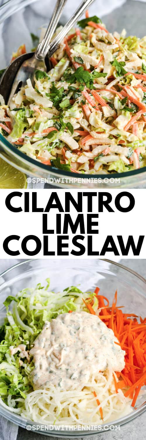 Ensalada de col con cilantro y lima en un recipiente de vidrio antes y después de mezclar con un título