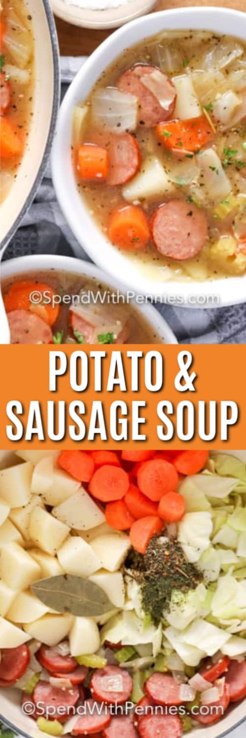Ingredientes para sopa de patata y salchicha con escritura