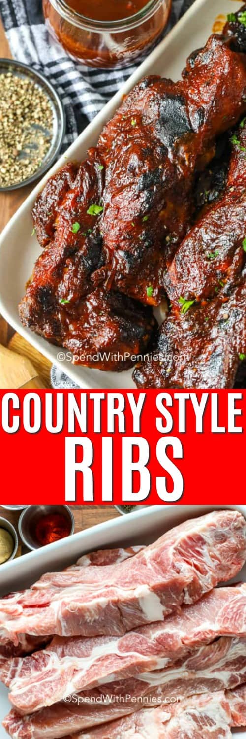 Carne cruda para Costillas Country Style y Costillas Country Style en un plato con escritura