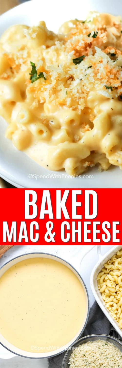 Ingredientes de macarrones con queso al horno en una olla y en un plato y macarrones con queso al horno en un plato con un título