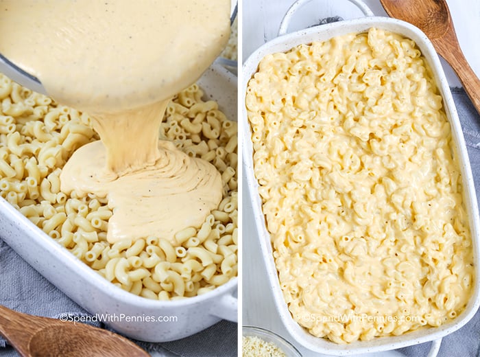preparar macarrones con queso al horno, verter la salsa y mezclar con los macarrones