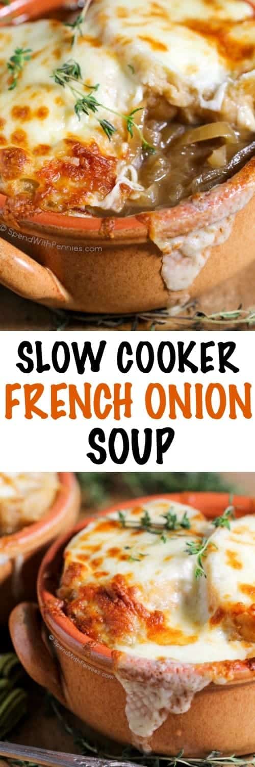 Collage de un plato de sopa de cebolla francesa con guarnición de tomillo y queso, uno con un bocado
