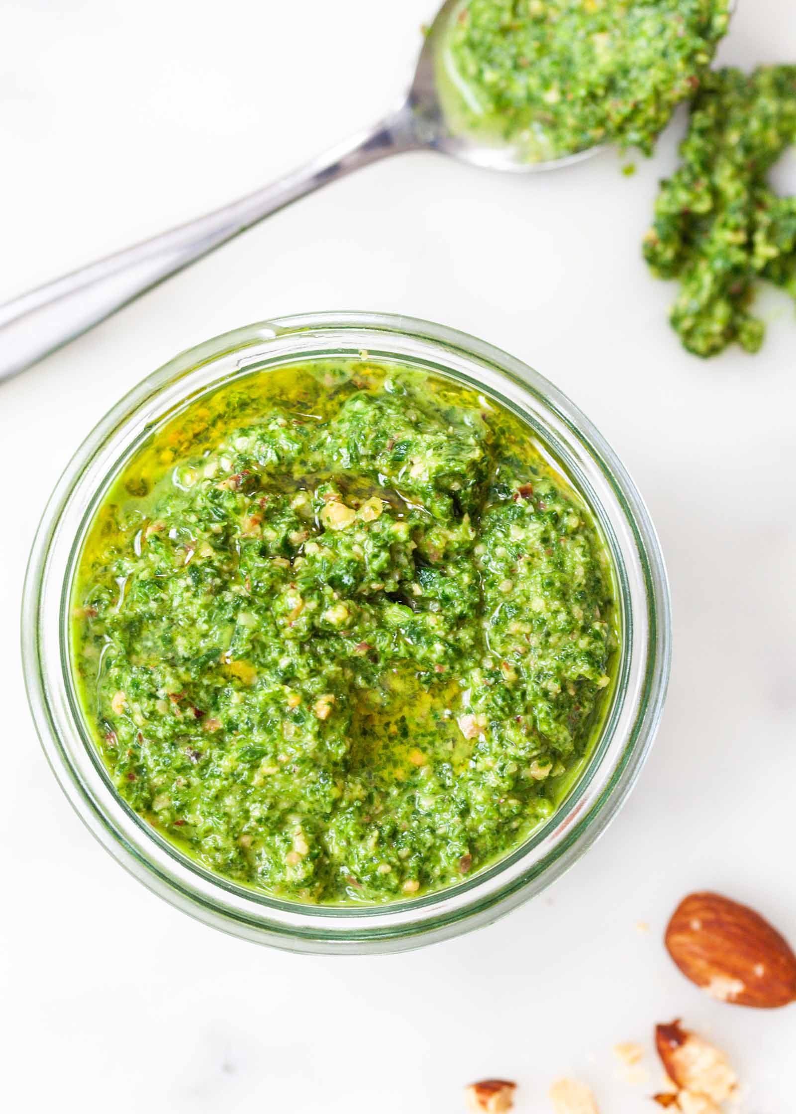 Pesto with Mint and Almonds - jar of mint pesto on white counter