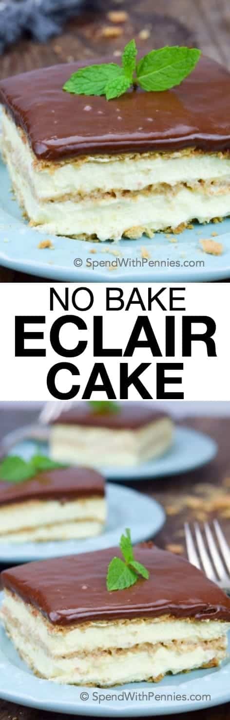 No Bake Eclair Cake en un plato con escritura