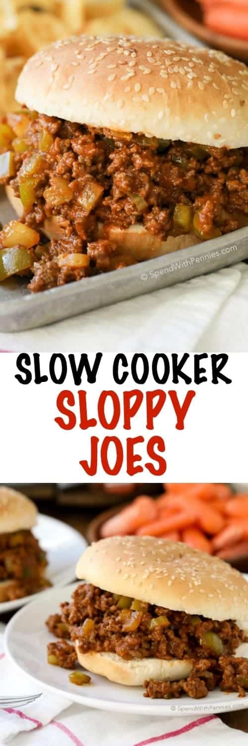 Olla de cocción lenta Sloppy Joes en un plato que se muestra con un título