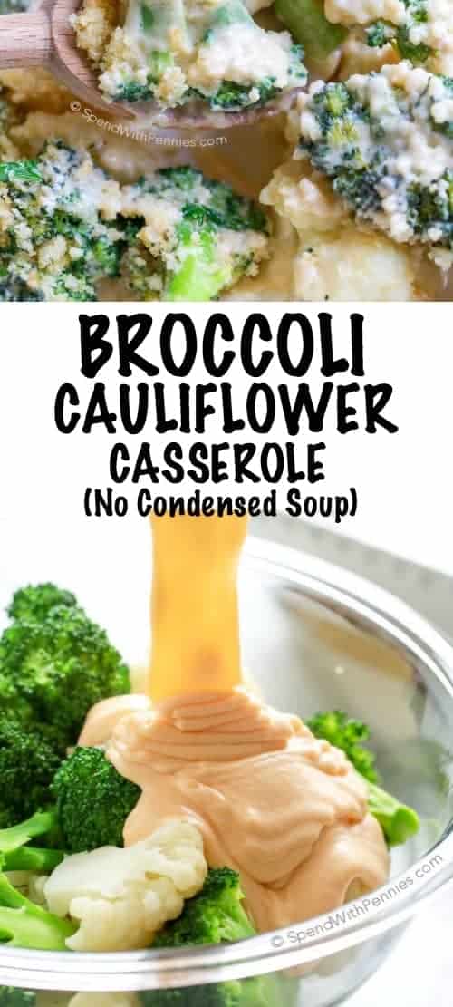 Cazuela de coliflor con brócoli y queso se muestra con un título