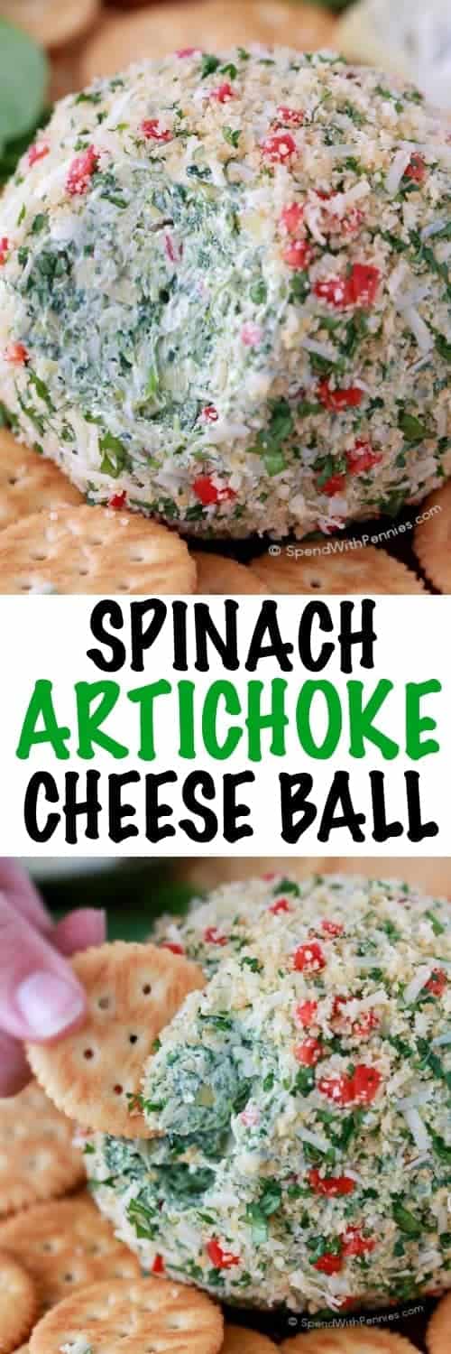 Bola de queso de alcachofa de espinacas que se comen con un título