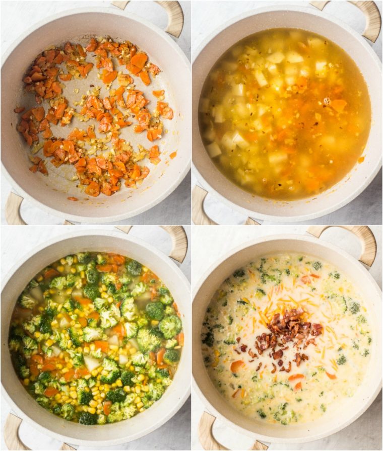 Imagen paso a paso de cómo hacer esta receta de sopa cremosa de verduras en un horno holandés.