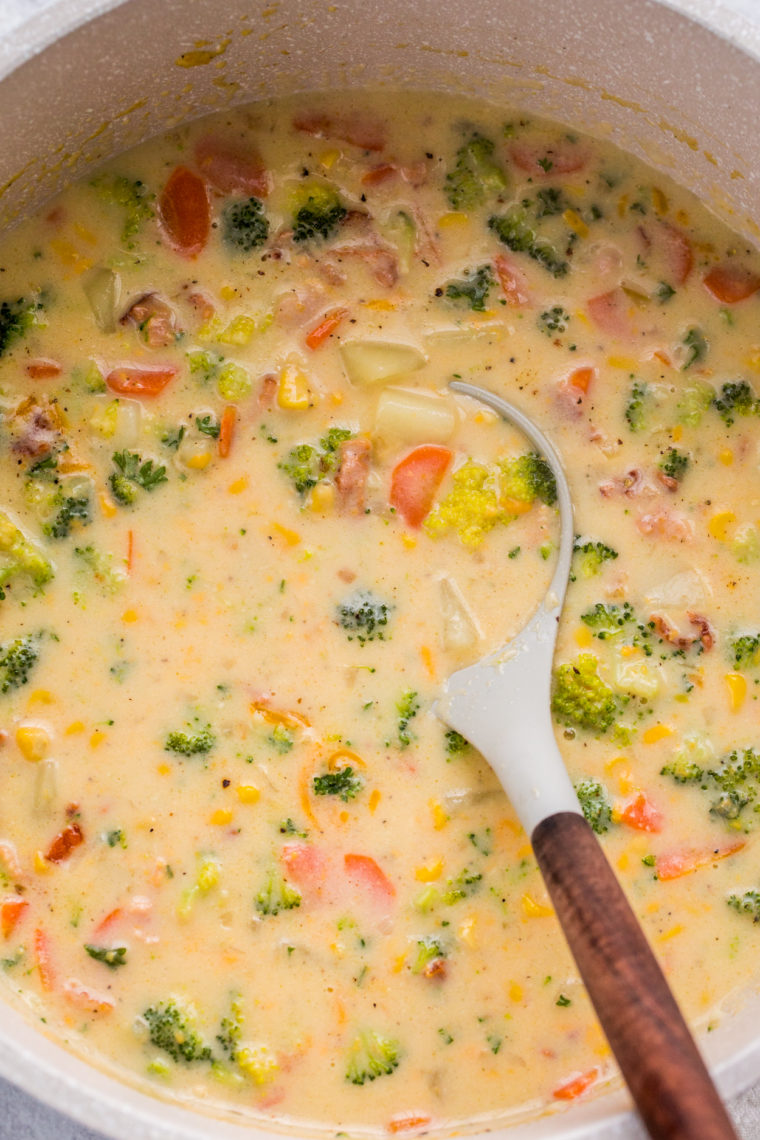 Sopa de verduras en un horno holandés cargado de verduras y un cucharón lleno de la sopa. 