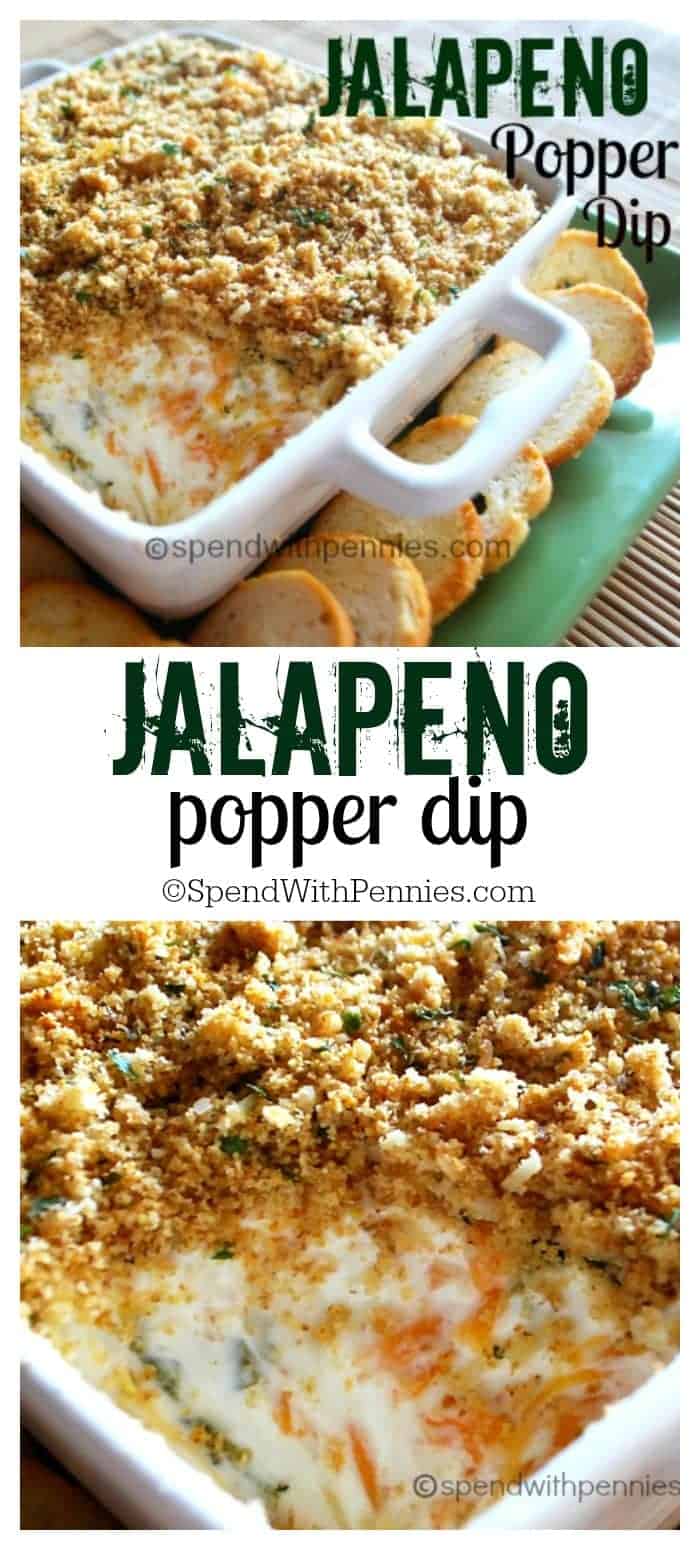dos imágenes de Jalapeño Popper Dip con rico queso crema, jalapeños picantes picados y queso cheddar picante cubierto con pan rallado crujiente Panko