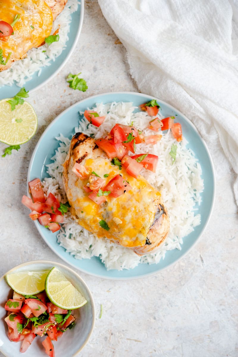 Tequila lime chicken on a blue plate
