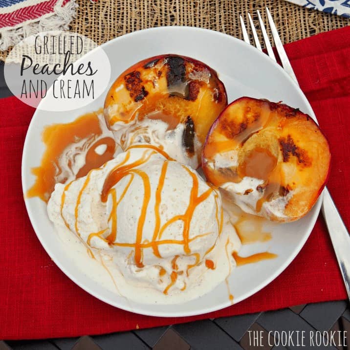 Grilled Peaches and Cream with Salted Caramel Sauce on plate