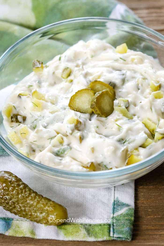 Dill Pickle Tartar Sauce in a clear glass bowl
