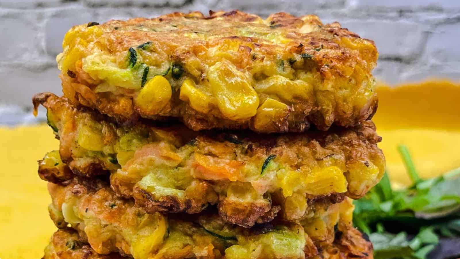 Vegetable fritters in a stack.